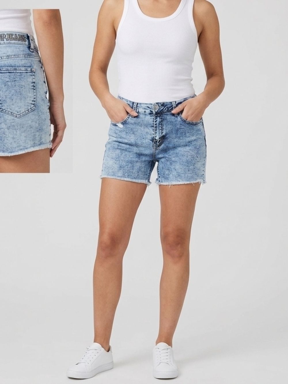 High-Rise Light Blue Acid-Wash Denim Shorts - Women VIP Jeans